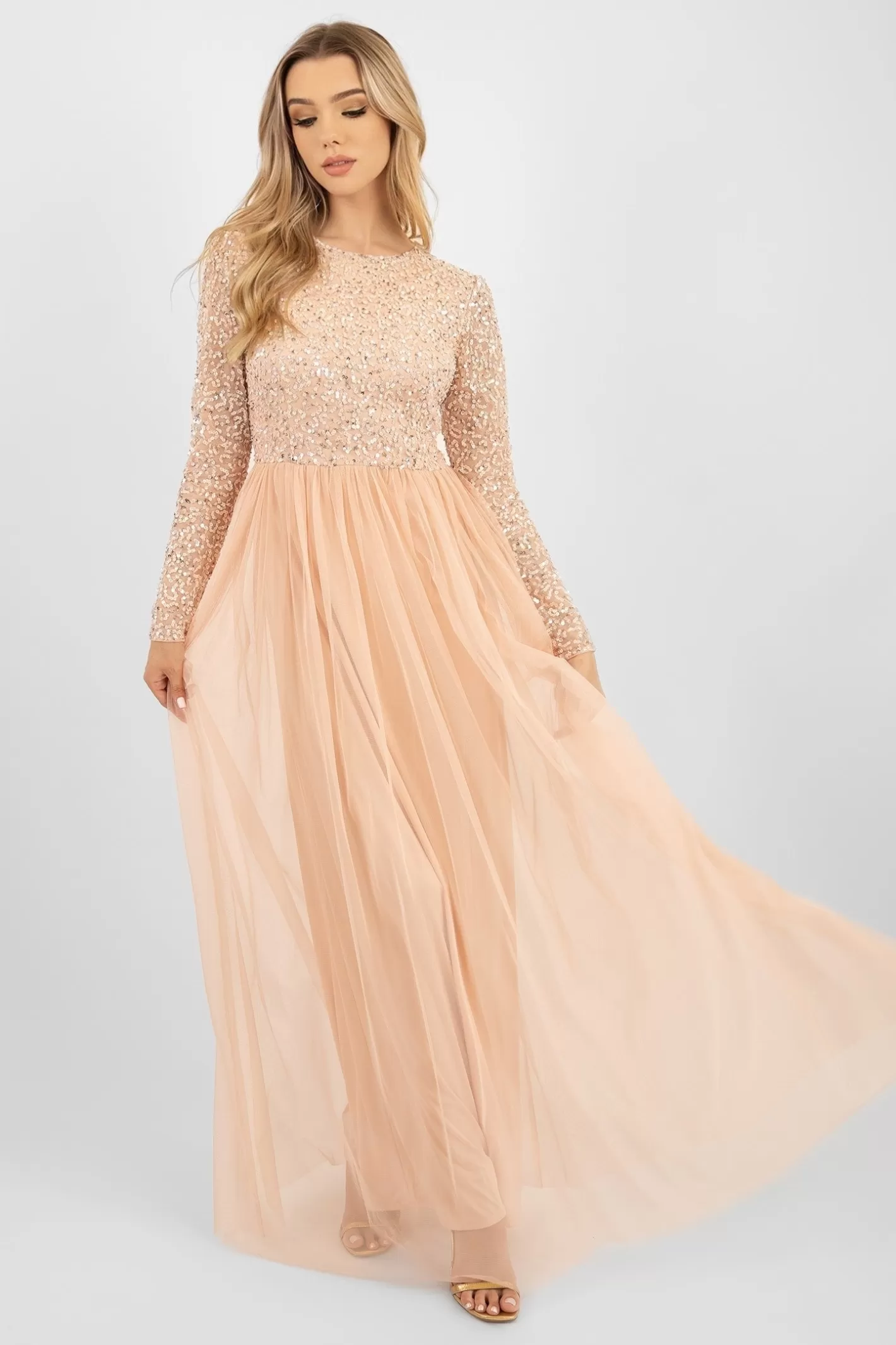 New Belle Blush Pink Long Sleeve Bridesmaid Dress Women Maxi Dresses