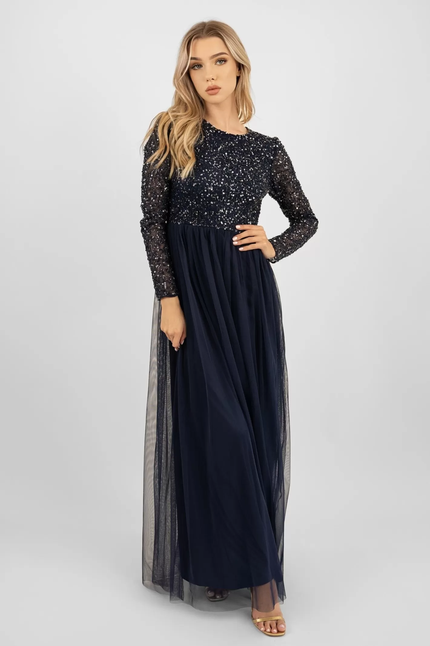 Best Belle Navy Blue Long Sleeve Bridesmaid Dress Women Maxi Dresses