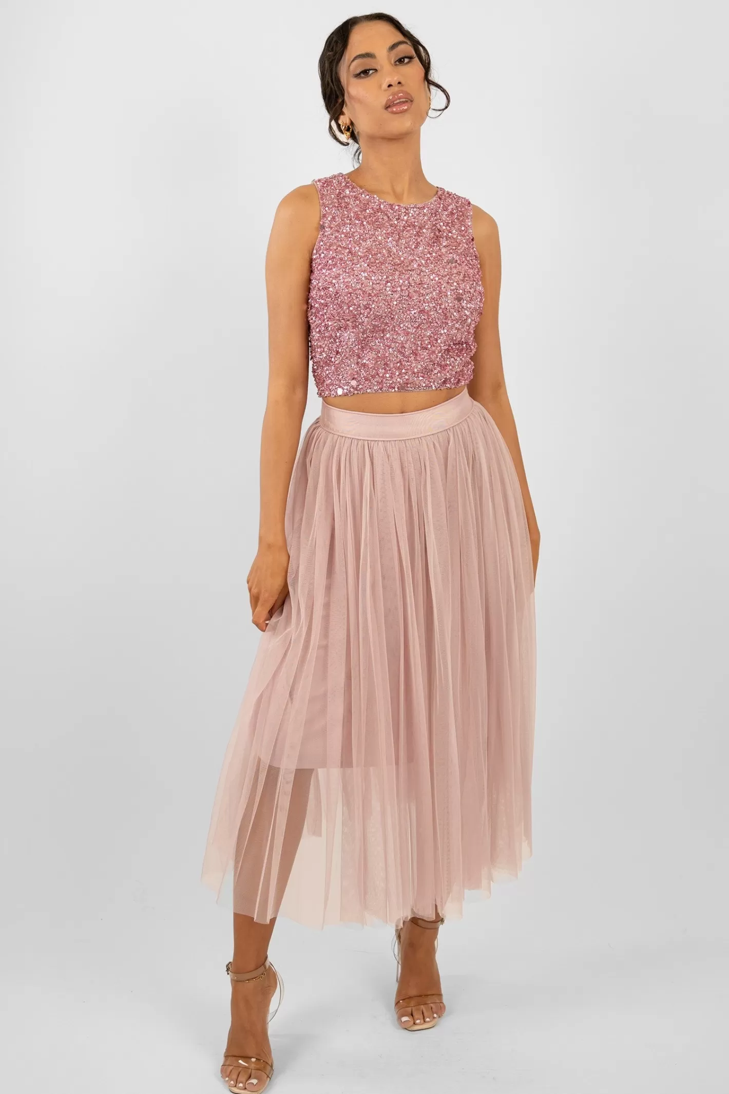 Clearance Cleo Pink Tulle Midi Skirt Women Skirts