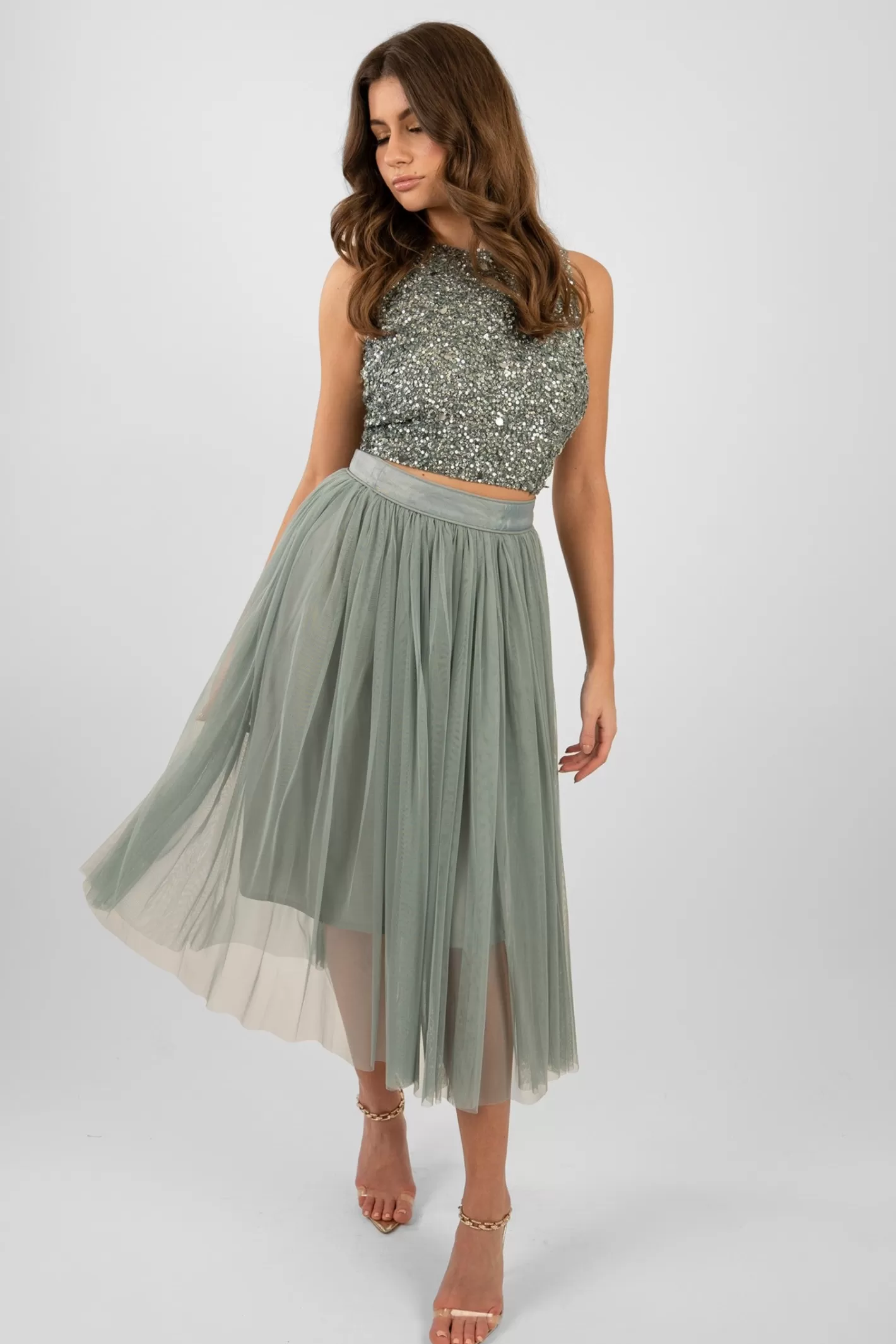 Fashion Cleo Teal Tulle Midi Skirt Women Skirts