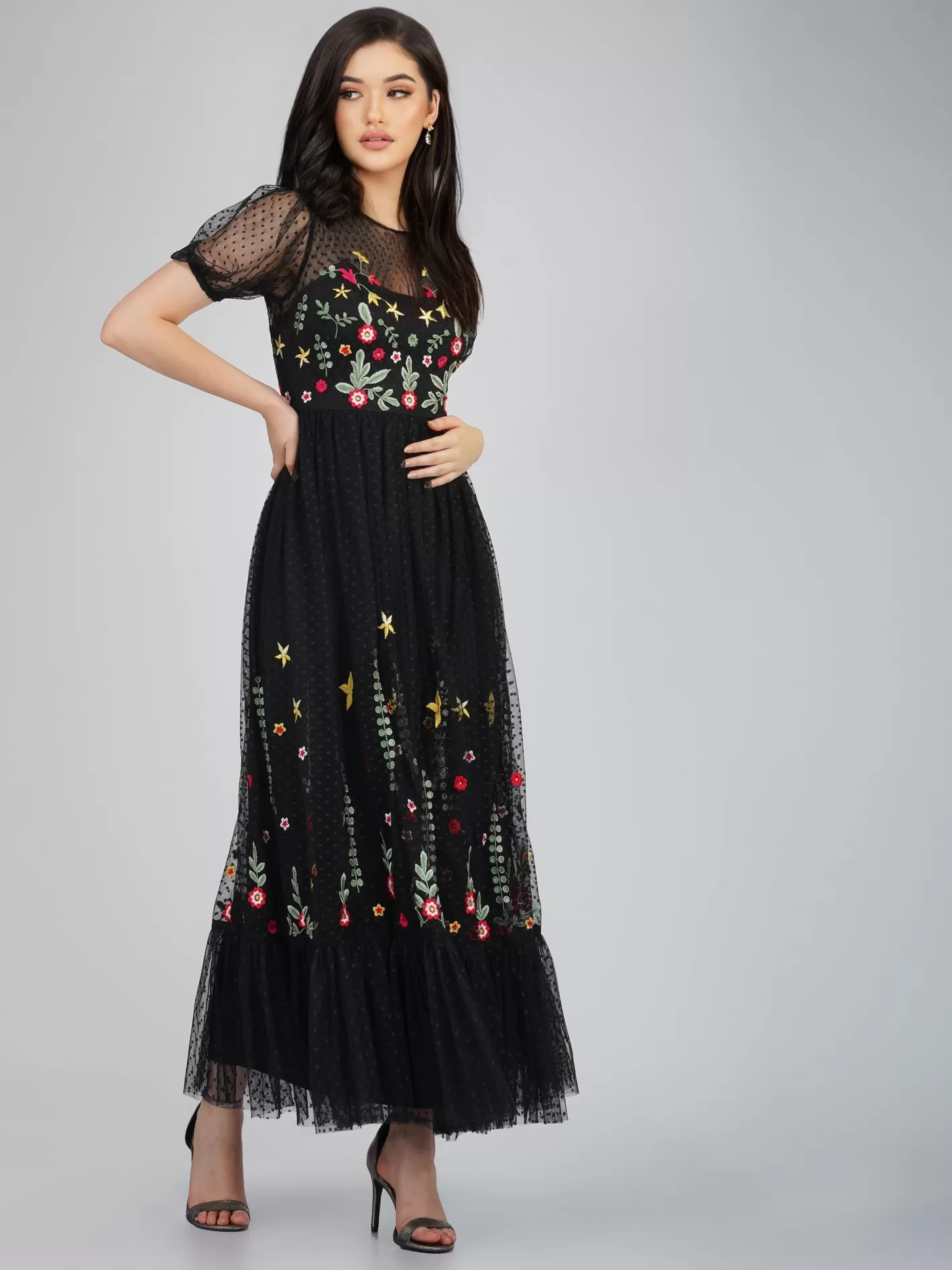 Fashion Dahlia Black Embroidered Dress Women Maxi Dresses