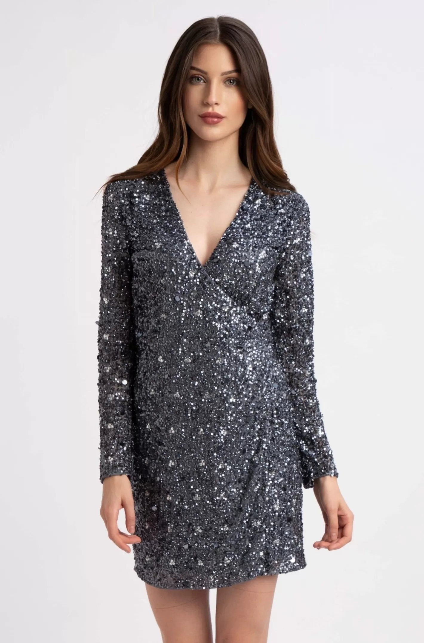 Clearance Gwen Grey Long Sleeve Embellished Mini Dress Women Mini Dresses