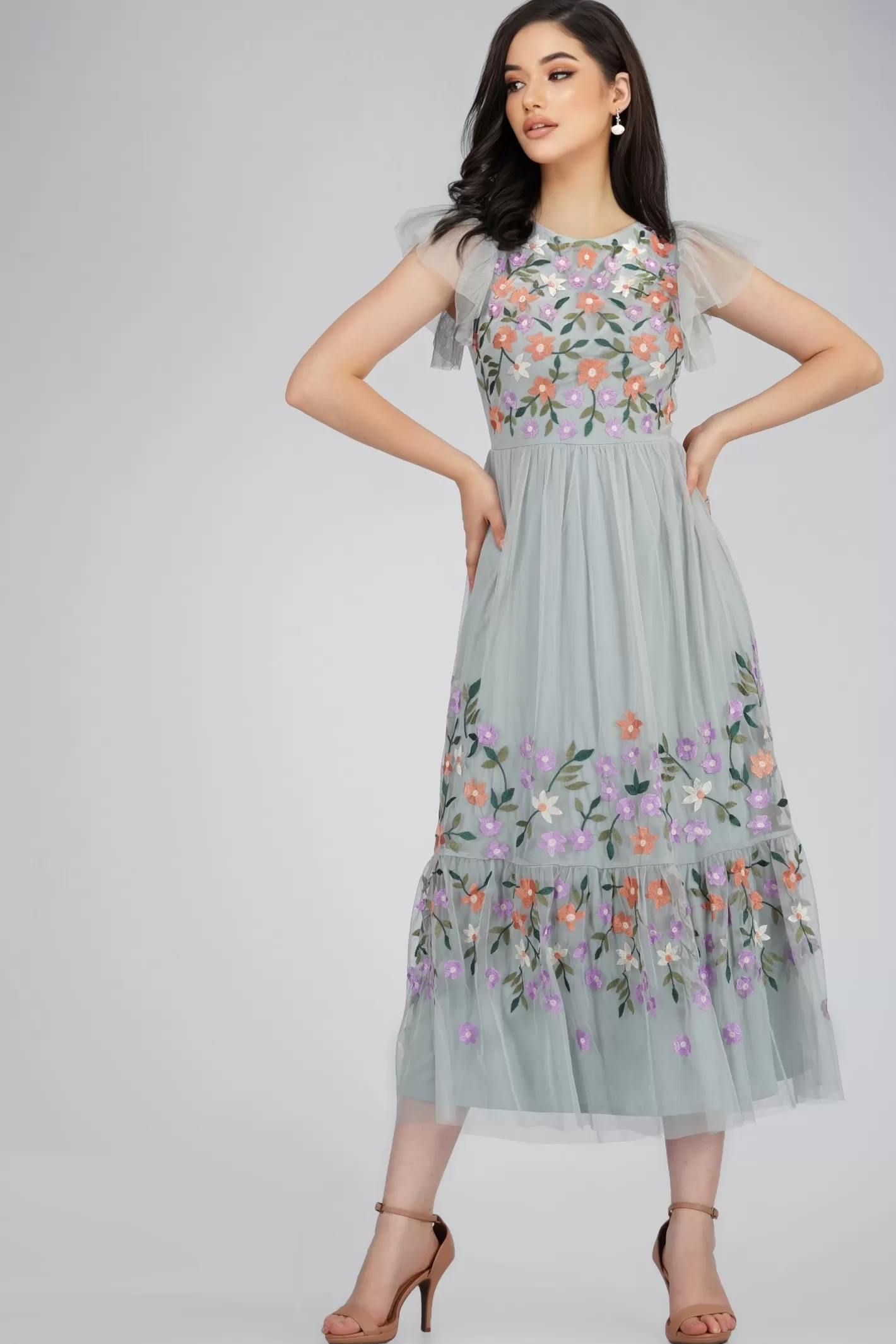 Online Iris Dusty Blue Embroidered Dress Women Maxi Dresses