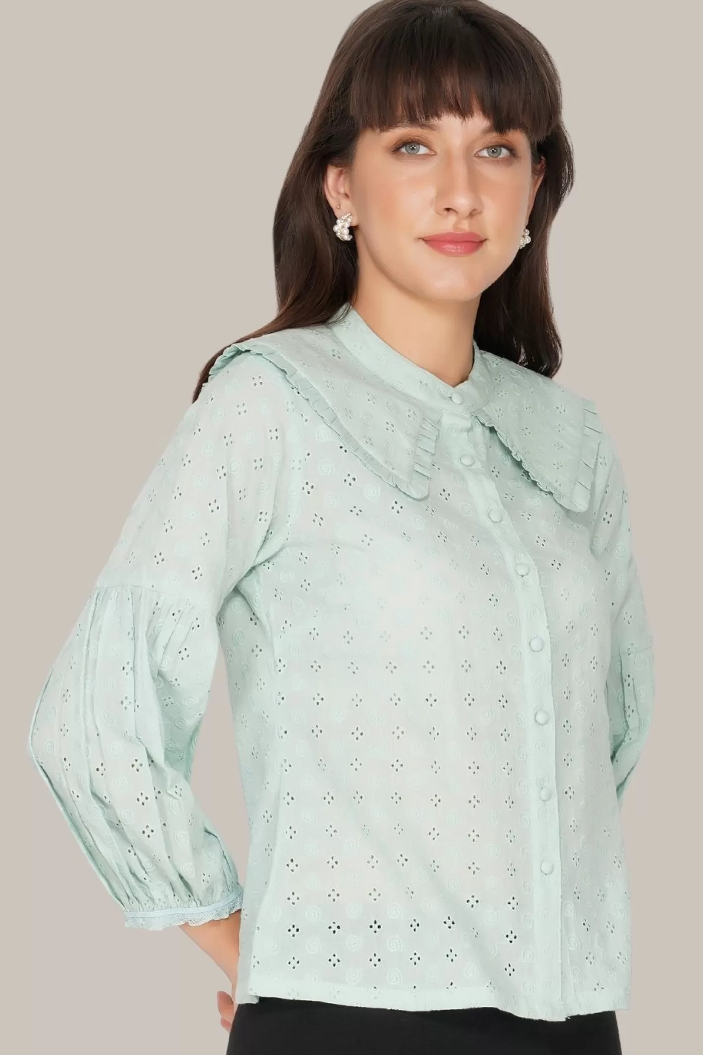 Fashion Jerri Cotton Broderie Shirt In Pastel Green Women Tops