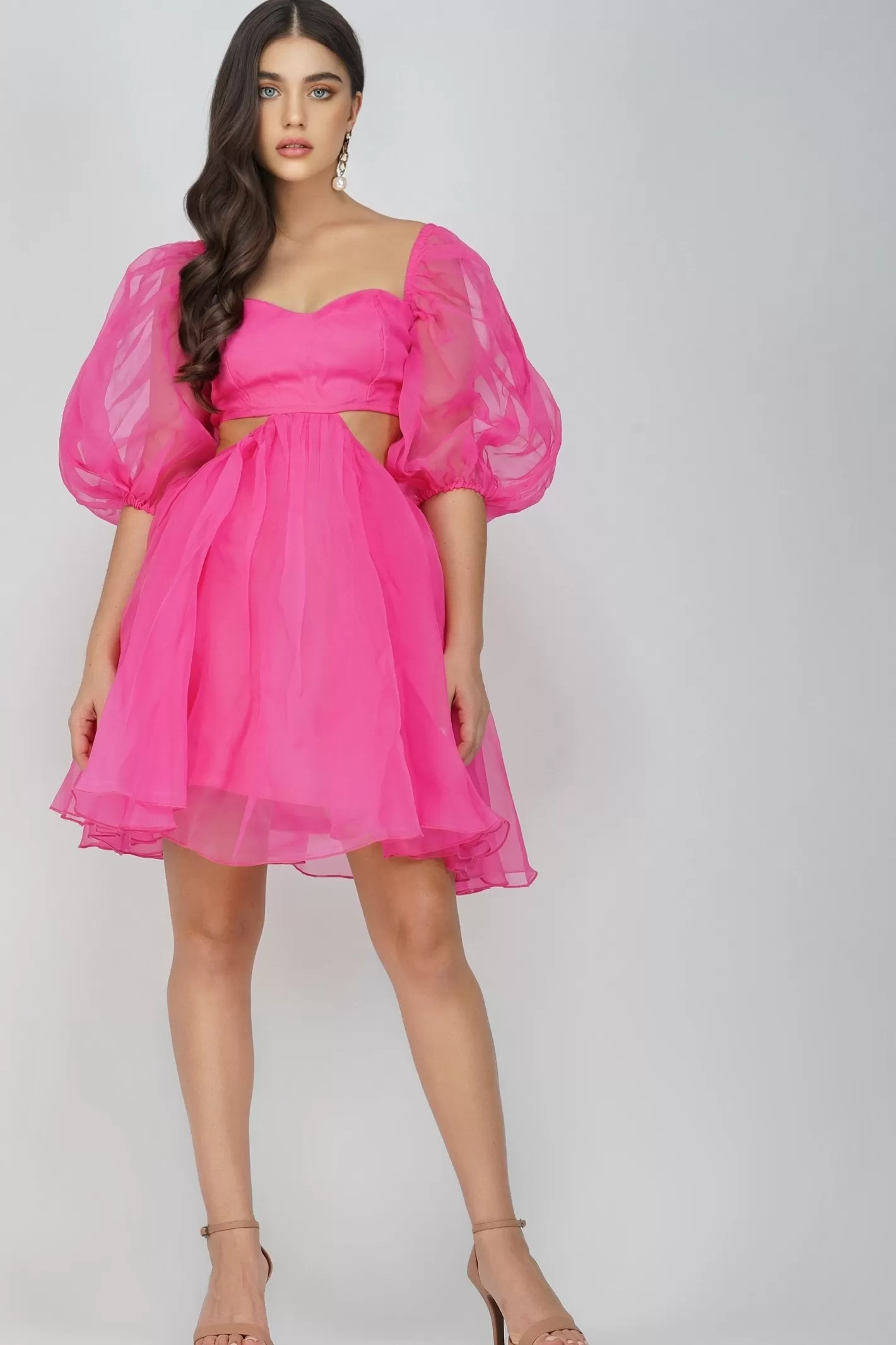 Cheap Katja Bright Pink Puff Sleeve Dress Women Mini Dresses