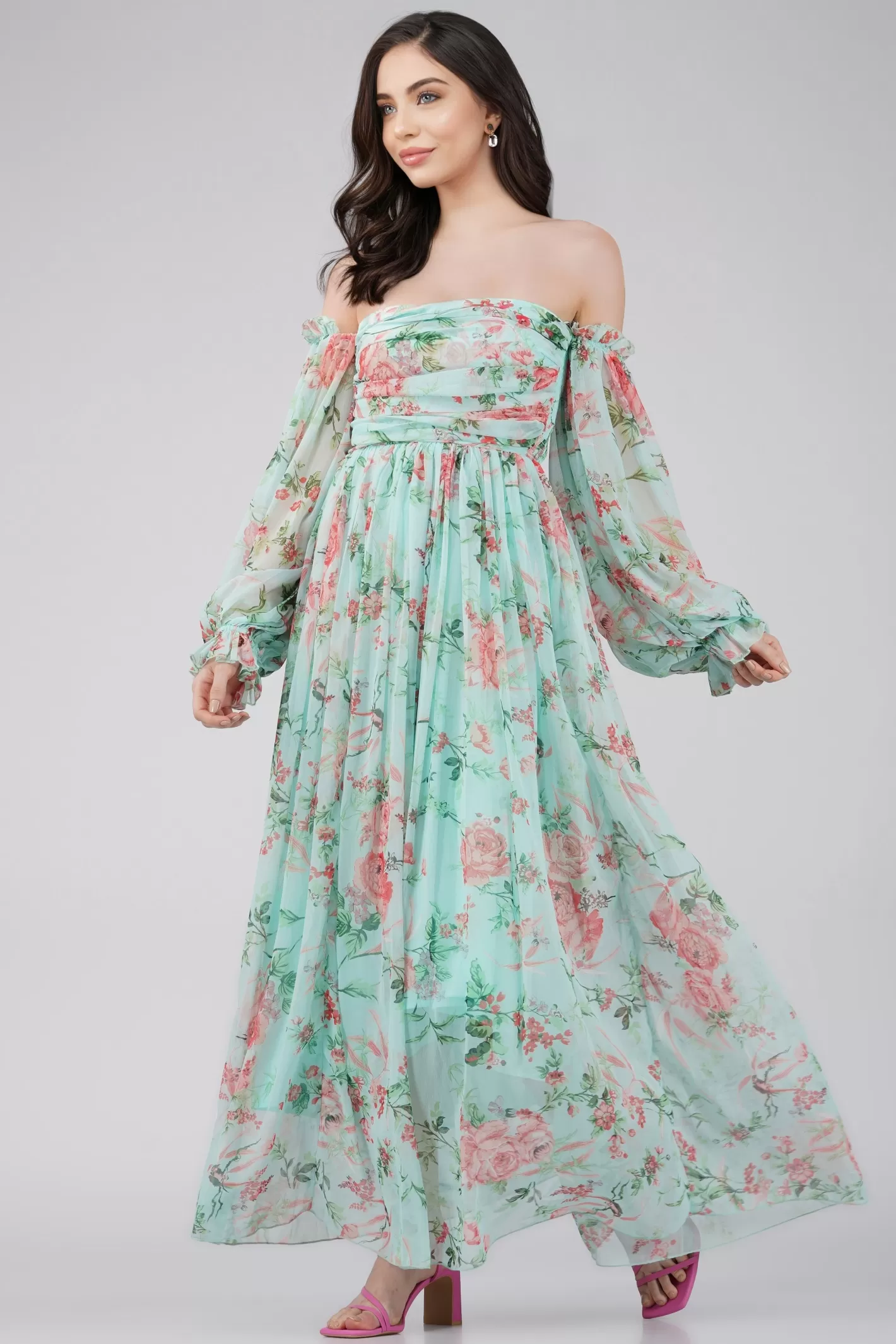 Cheap Lana Chiffon Printed Dress In Green Women Maxi Dresses