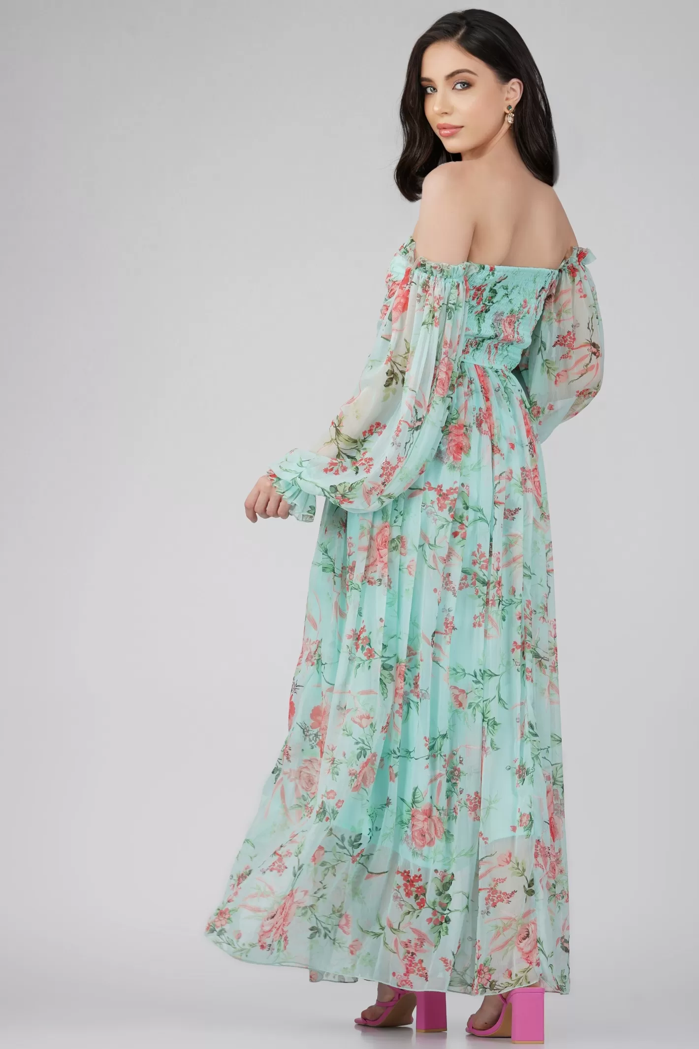 Cheap Lana Chiffon Printed Dress In Green Women Maxi Dresses