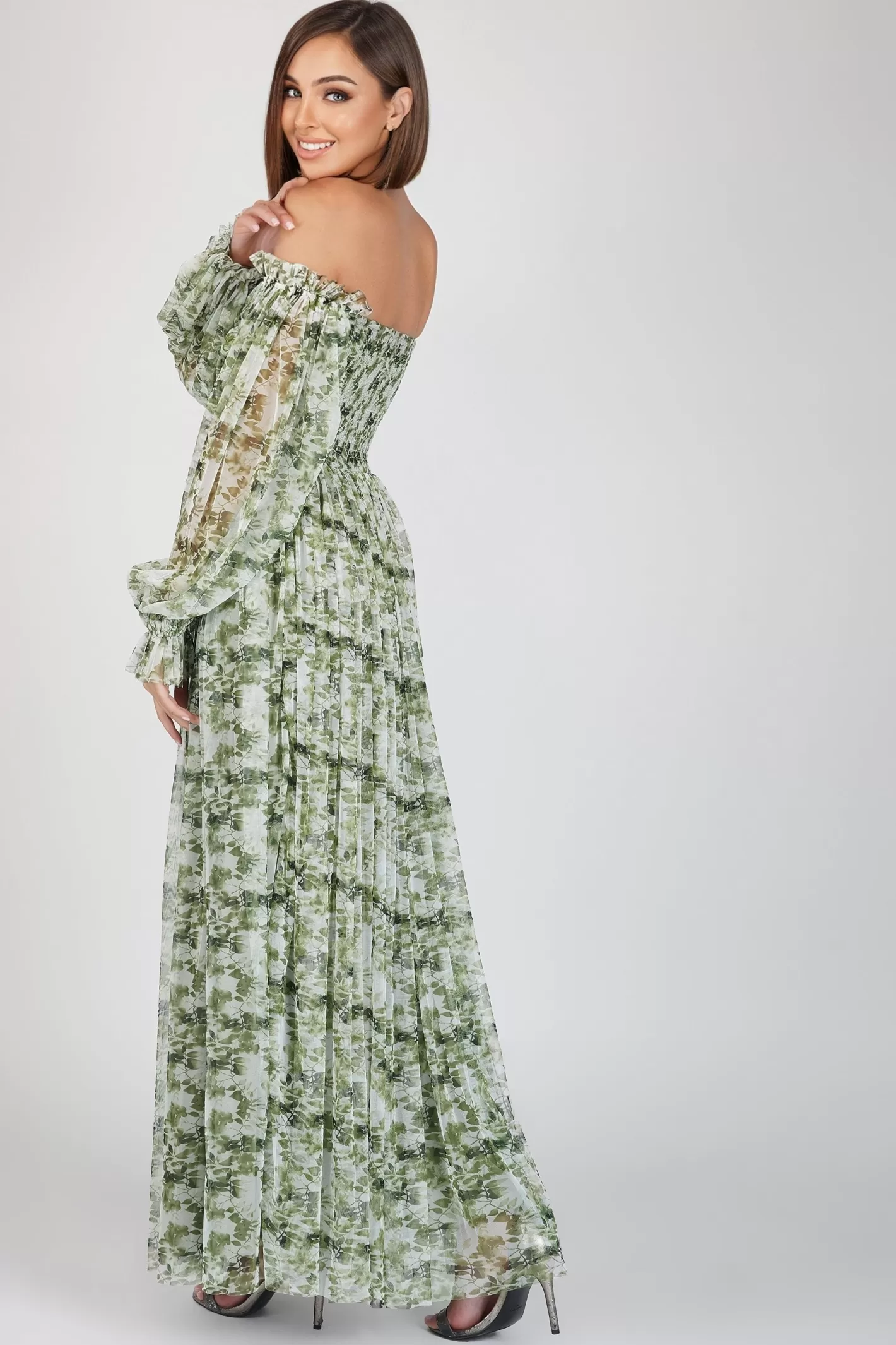 Flash Sale Lana Green Floral Printed Tulle Dress Women Maxi Dresses