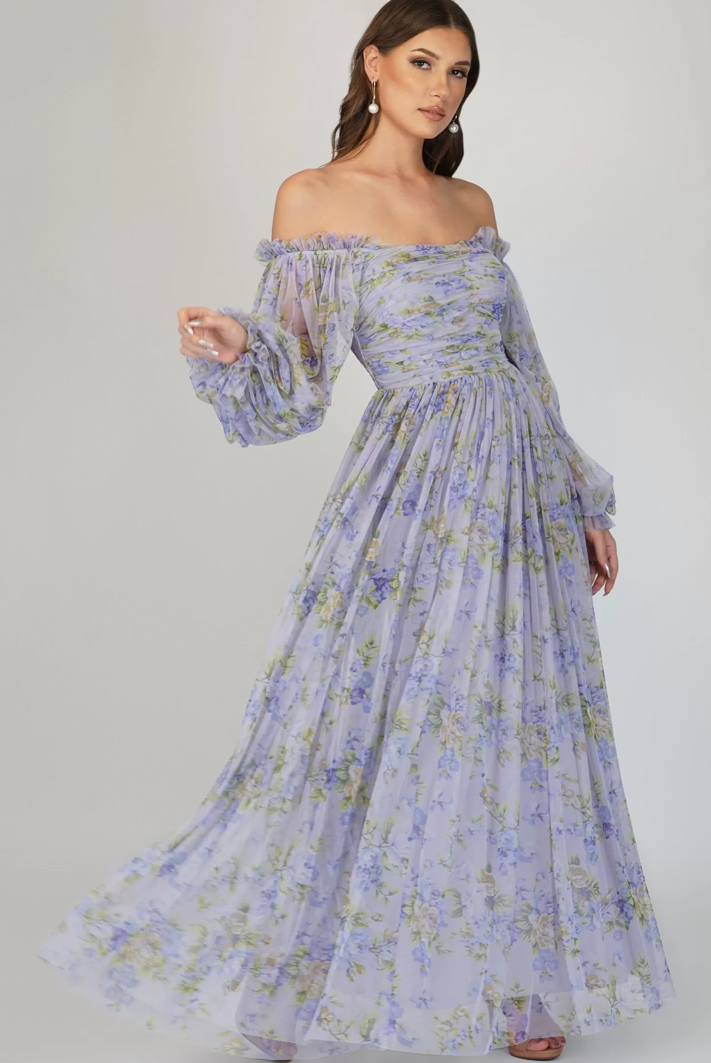 Fashion Lana Lilac Printed Tulle Dress Women Maxi Dresses