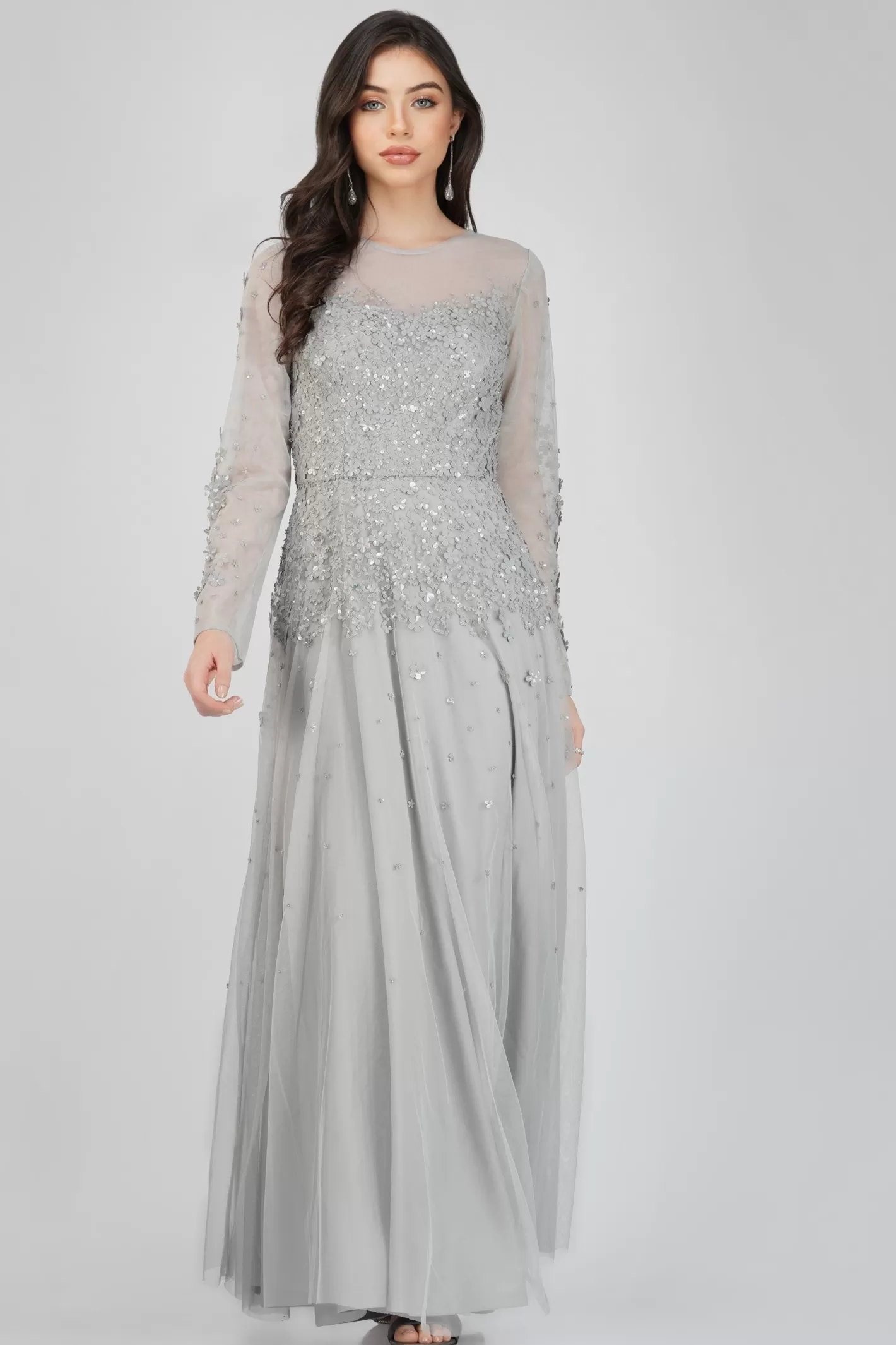 Shop Luciene Long Sleeve Embellished Maxi Dress In Grey Women Maxi Dresses