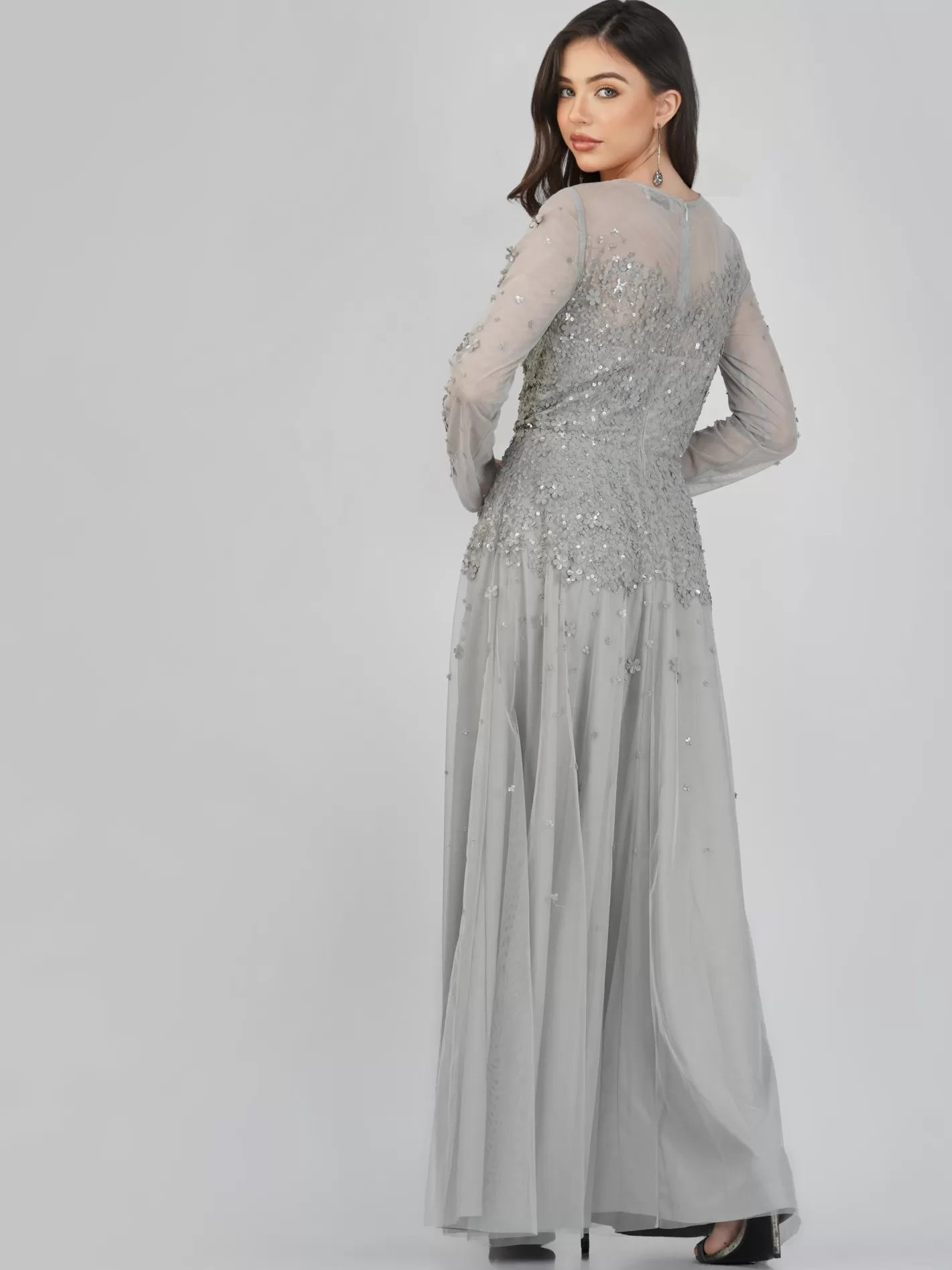 Shop Luciene Long Sleeve Embellished Maxi Dress In Grey Women Maxi Dresses