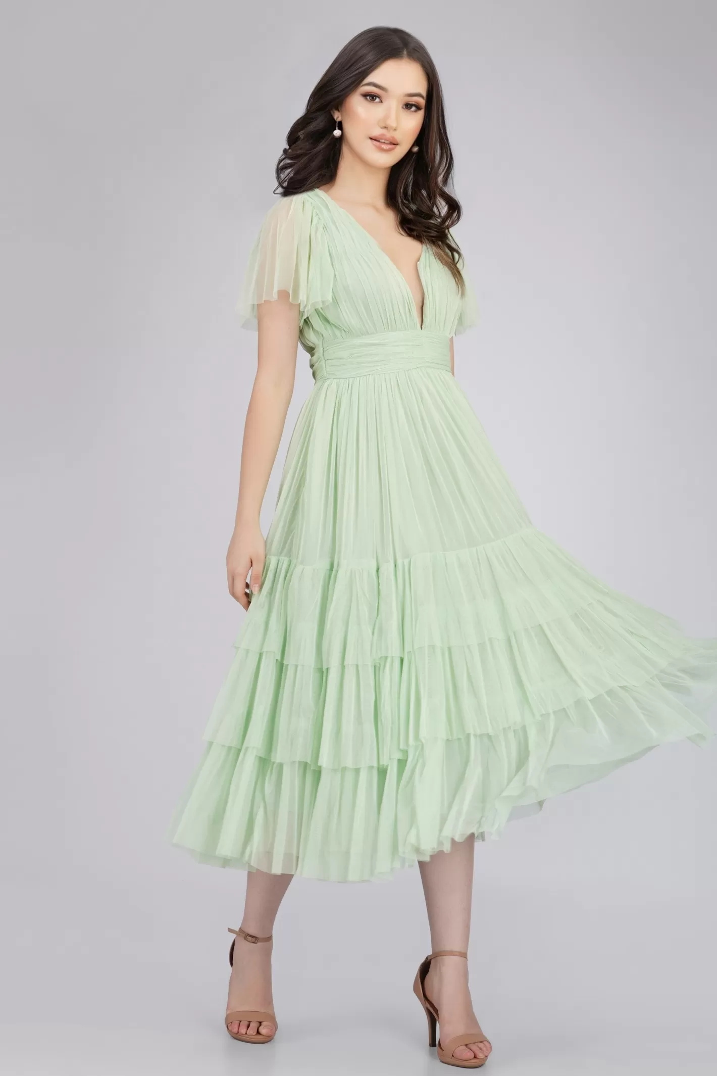 Hot Madison Sage Green Tulle Bridesmaid Midi Dress Women Midi Dresses