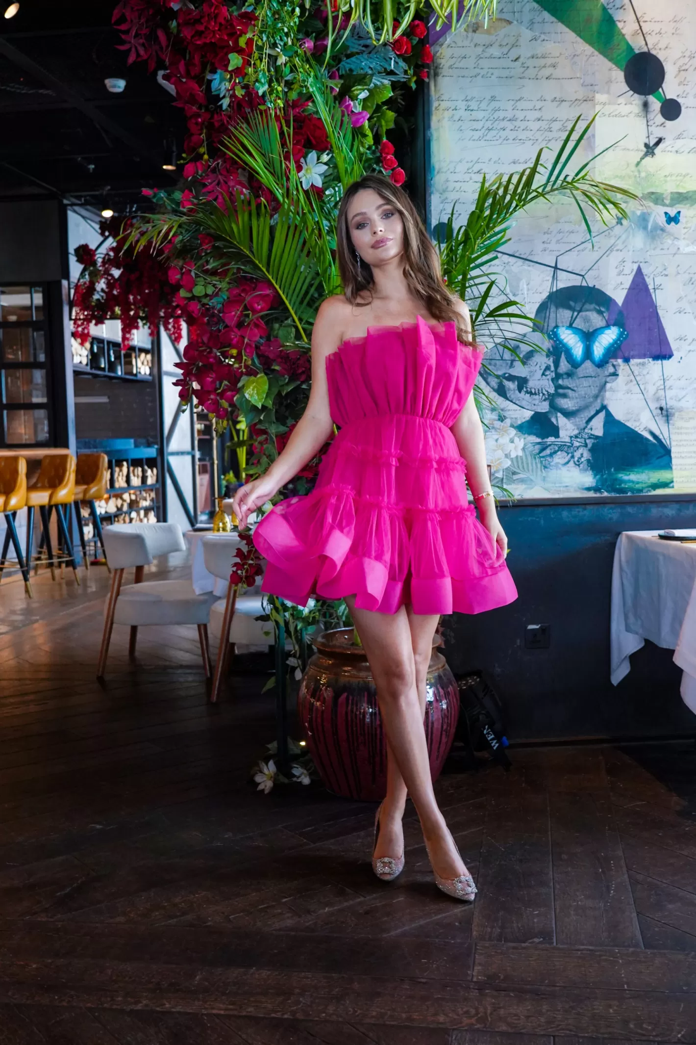 Sale Maine Bright Pink Tulle Mini Dress Women Mini Dresses