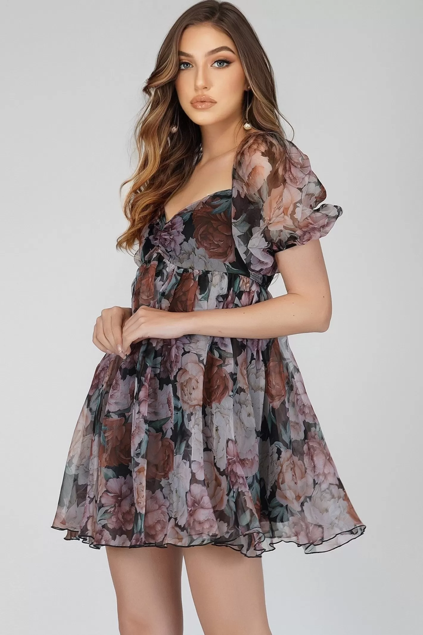 New Melanie Dark Floral Puff Sleeve Mini Dress Women Mini Dresses