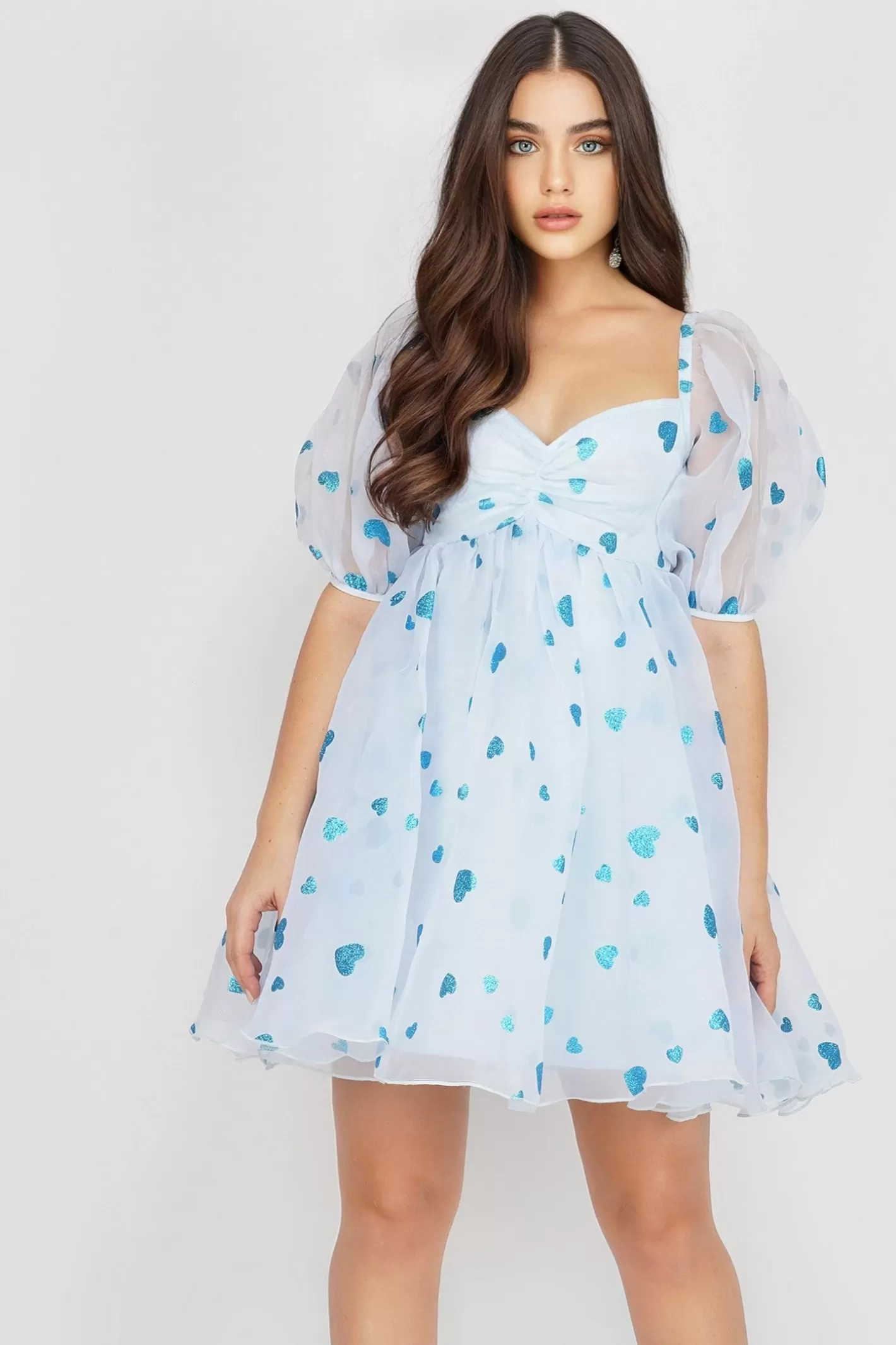 Hot Melanie Puff Sleeve Dress In Blue Heart Women Mini Dresses