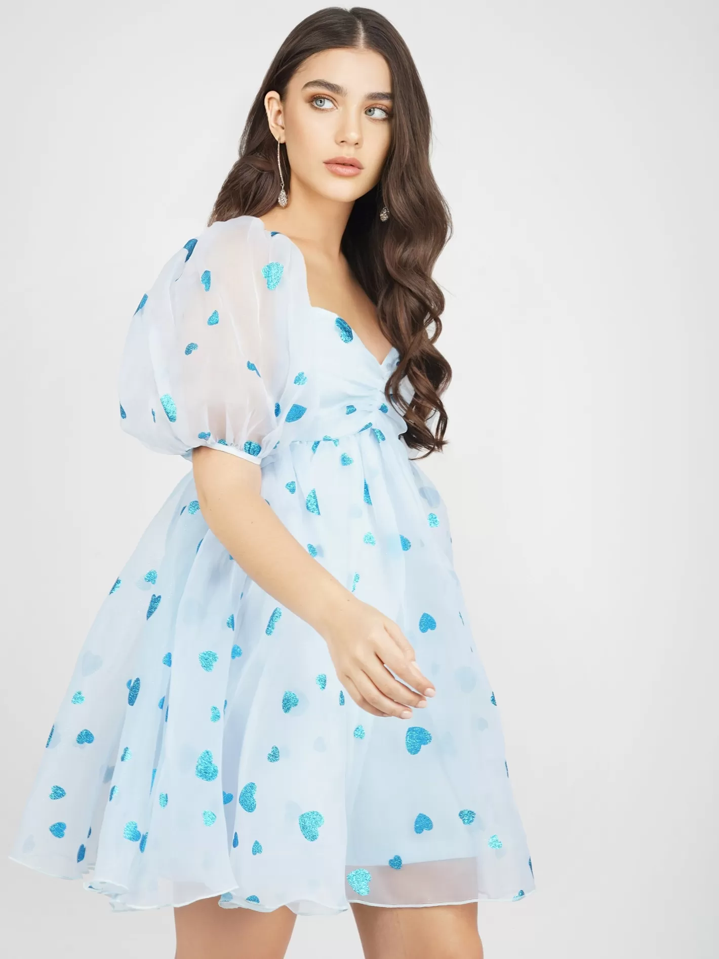 Hot Melanie Puff Sleeve Dress In Blue Heart Women Mini Dresses