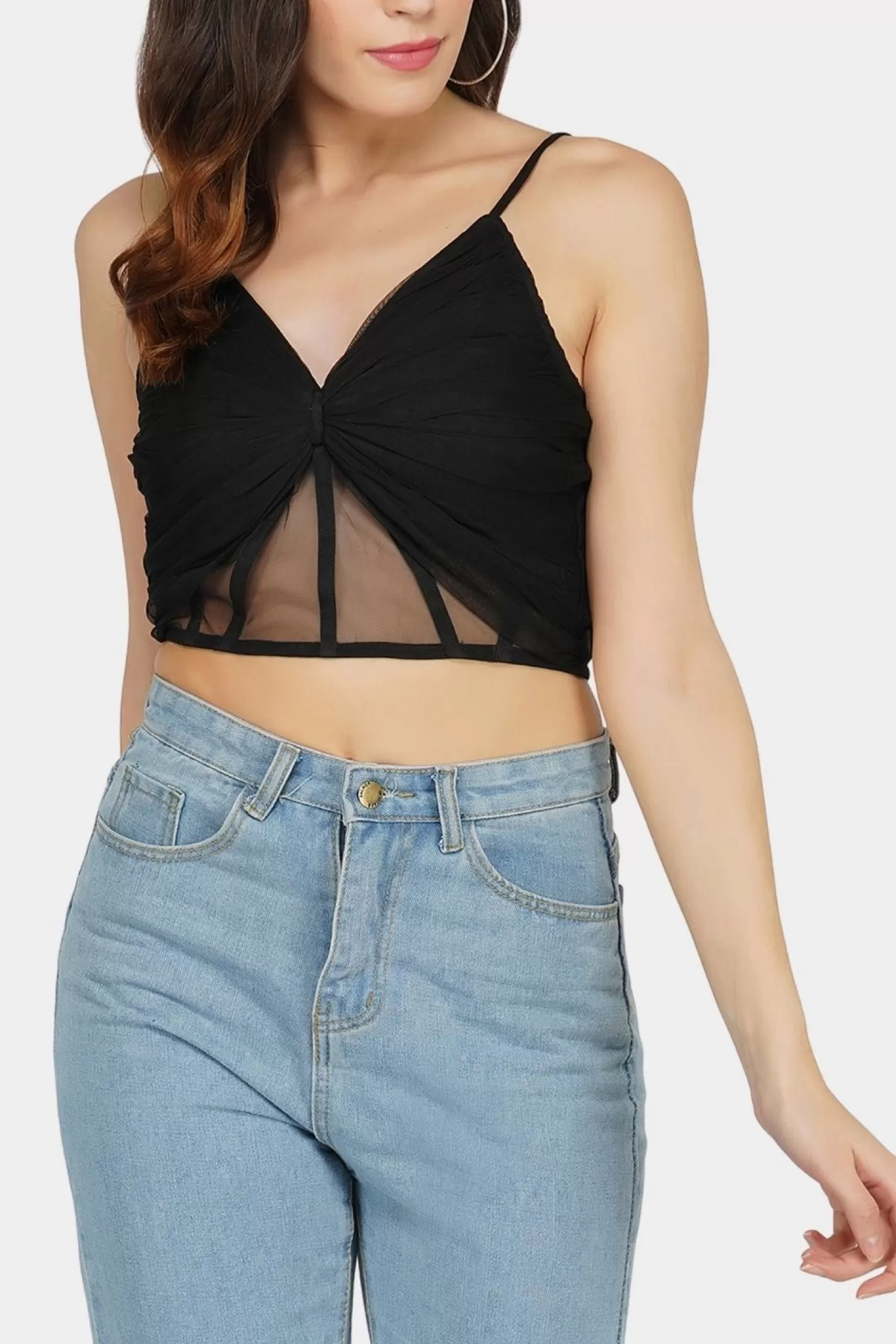 New Olivia Bow Mesh Top In Black Women Tops