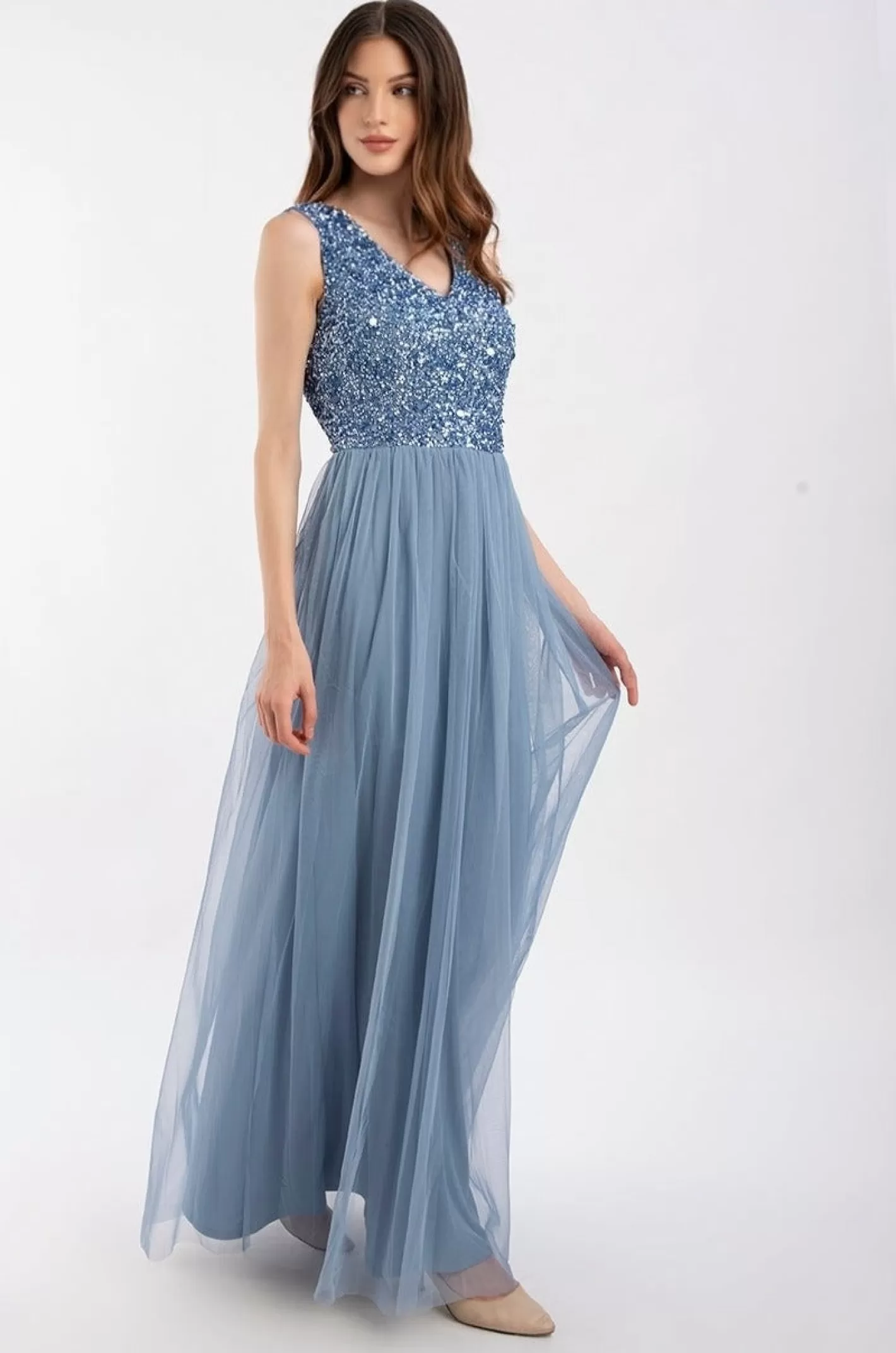 Hot Picasso V Embellished Blue Bridesmaid Dress Women Maxi Dresses