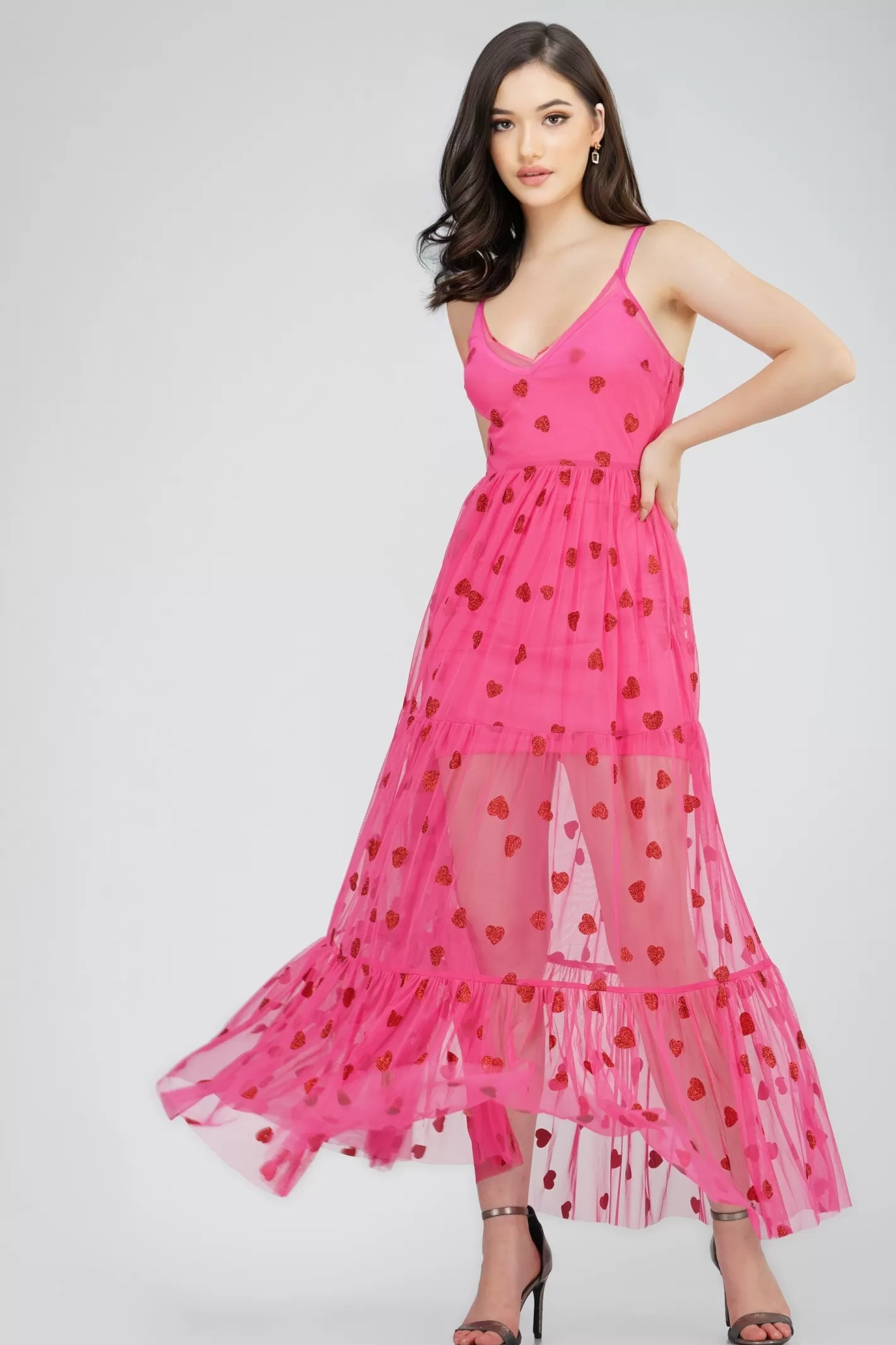 Clearance Poppy Sheer Heart Dress In Bright Pink Women Midi Dresses