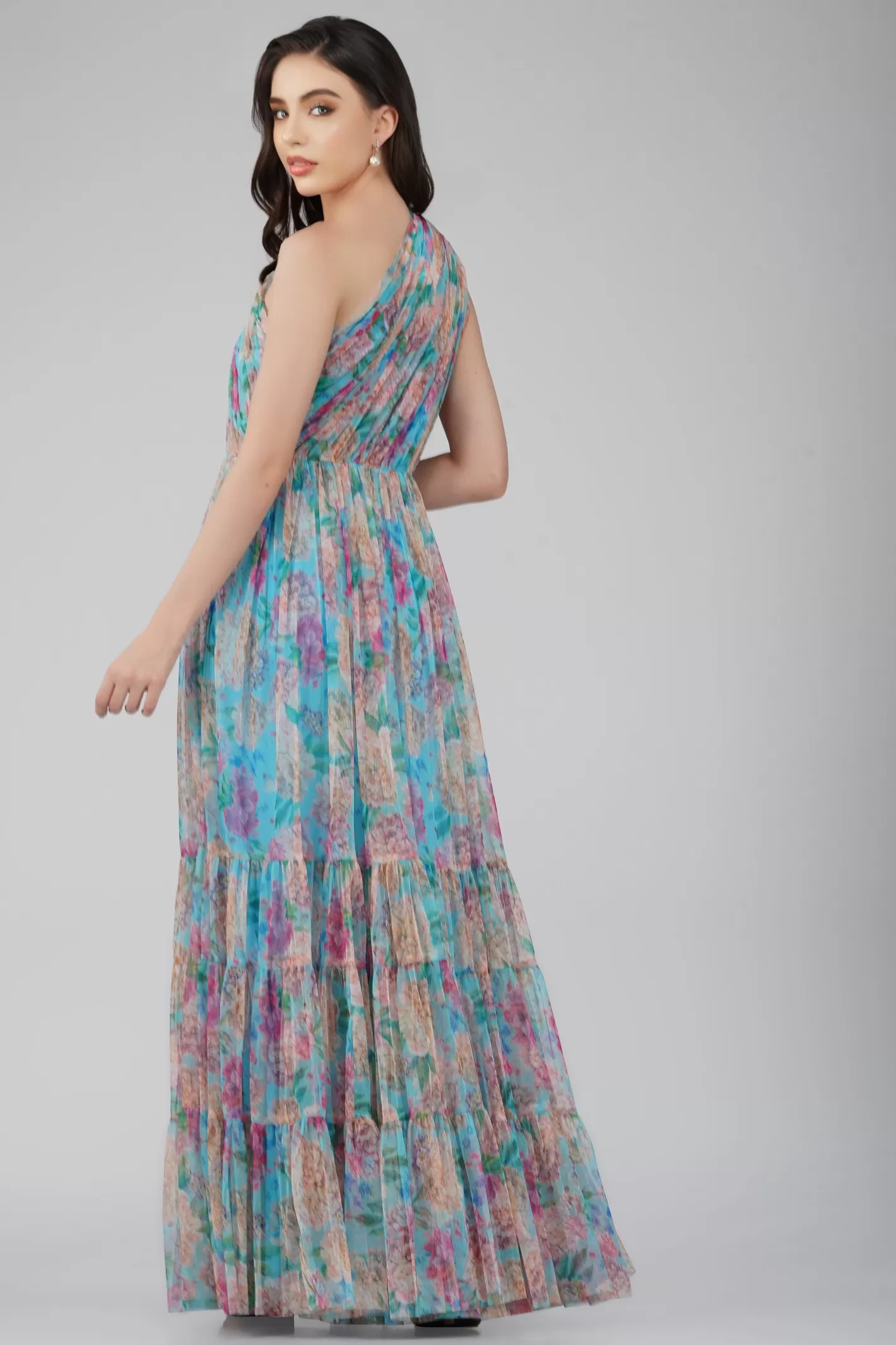 Hot Roka Floral One Shoulder Maxi Dress In Blue Women Maxi Dresses