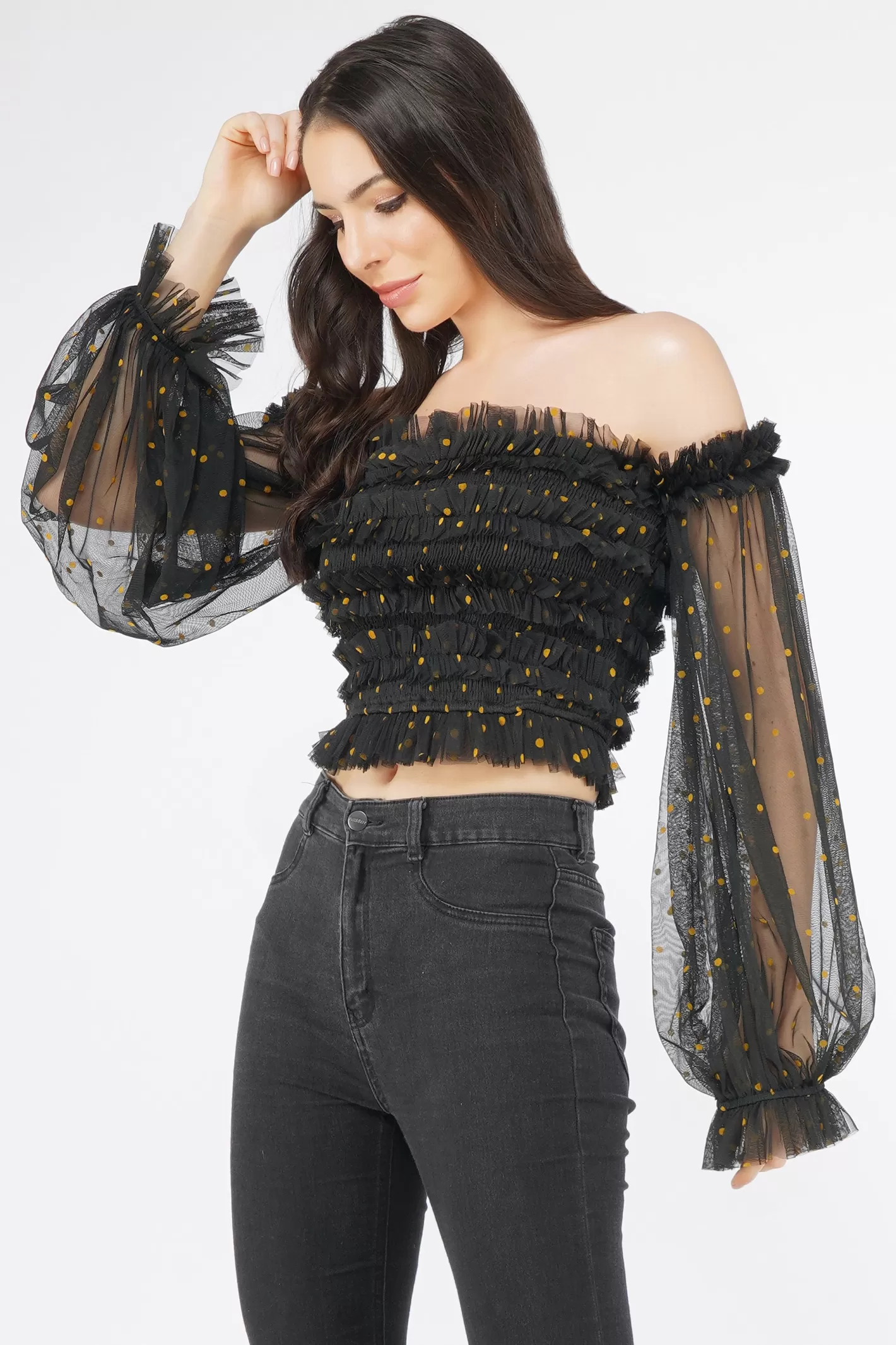 Fashion Rolf Black Tulle Top With Gold Polka Women Tops