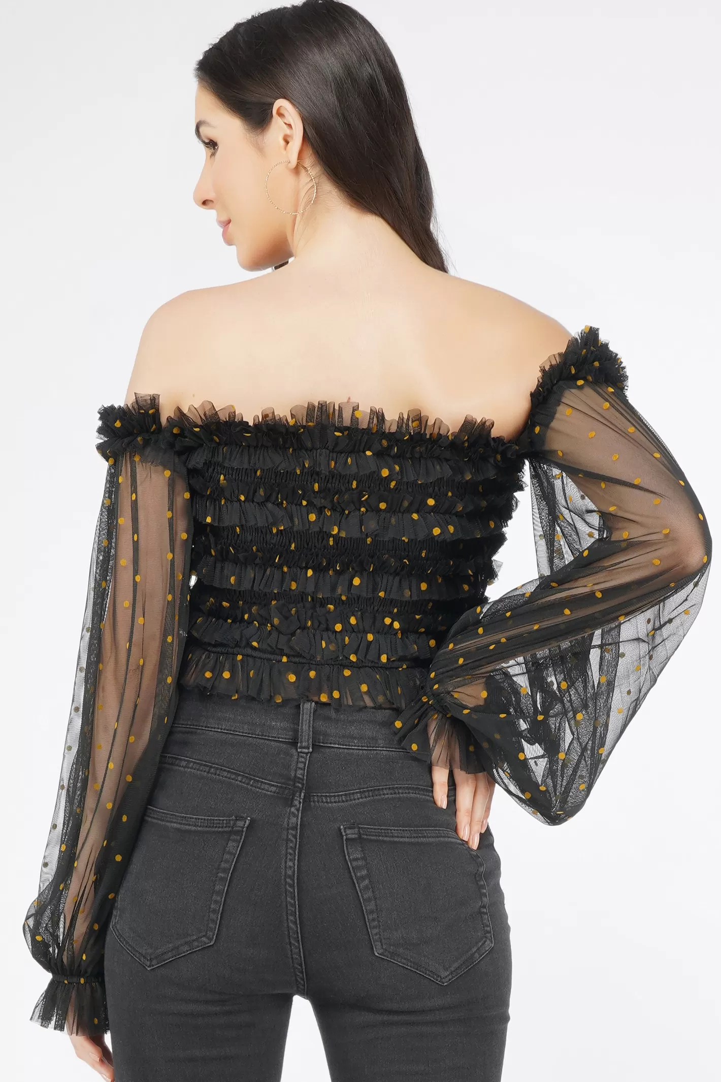 Fashion Rolf Black Tulle Top With Gold Polka Women Tops