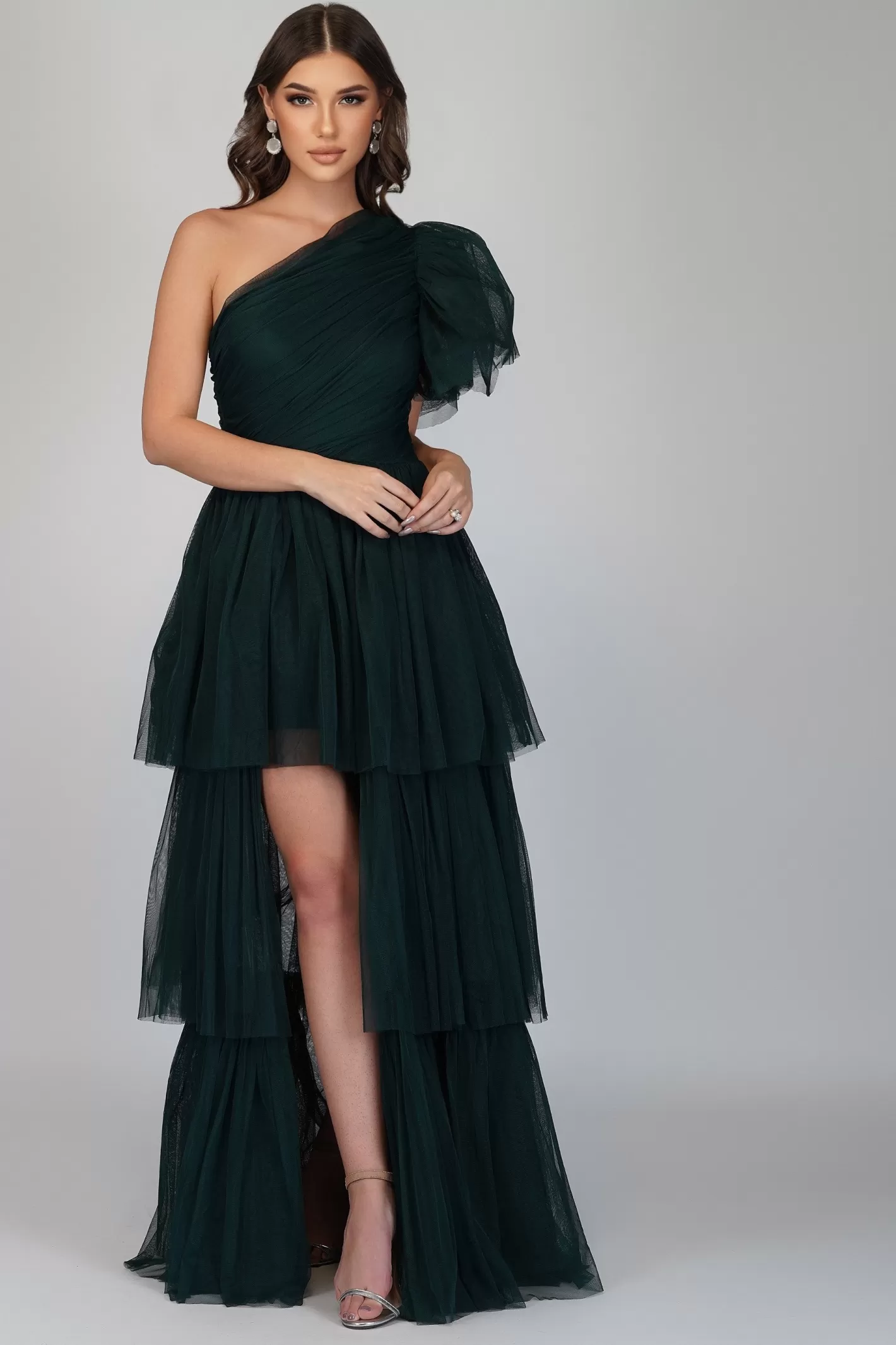 Best Sale Rowan Emerald Green One Shoulder Tulle Gown Women Maxi Dresses