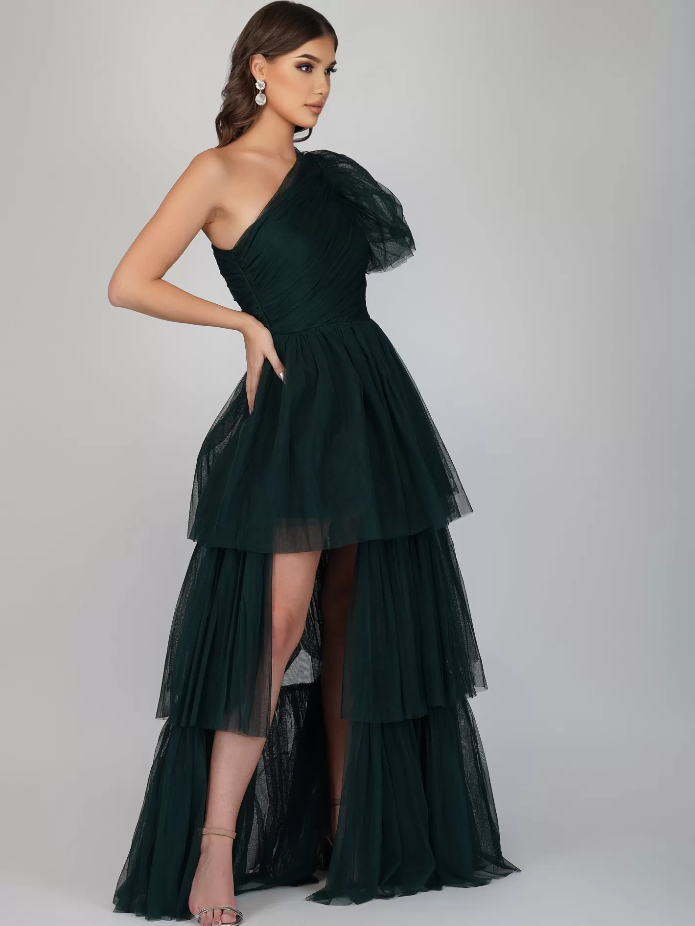 Best Sale Rowan Emerald Green One Shoulder Tulle Gown Women Maxi Dresses