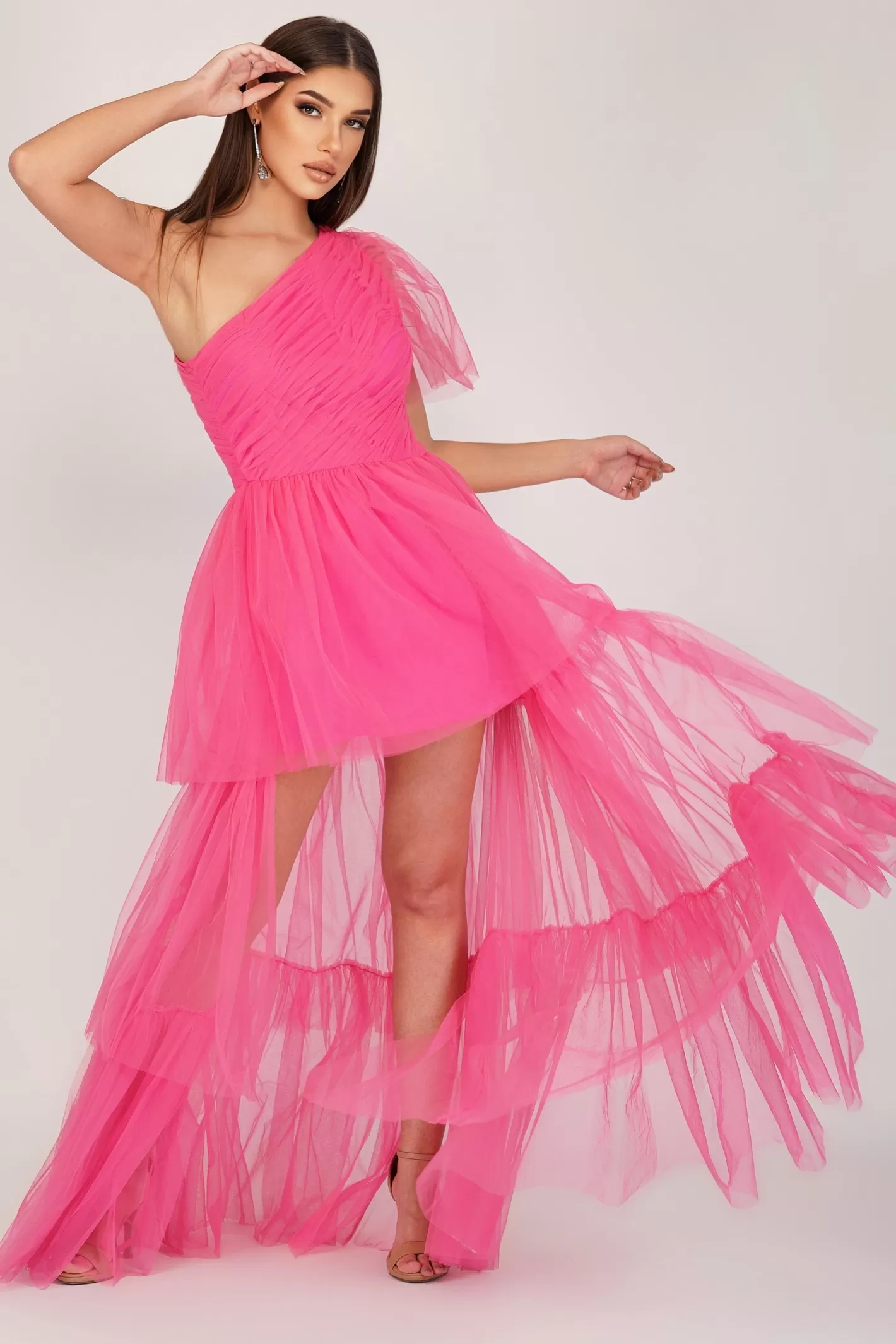 Online Rowena Bright Pink One Shoulder Tulle Gown Women Maxi Dresses