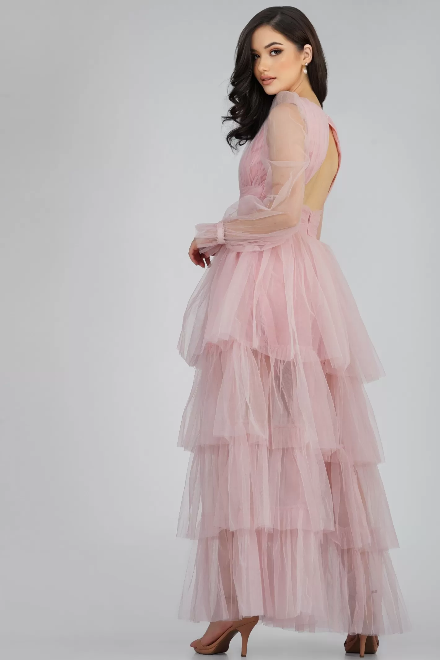 Shop Salma Long Sleeve Tulle Maxi Dress In Pink Women Maxi Dresses