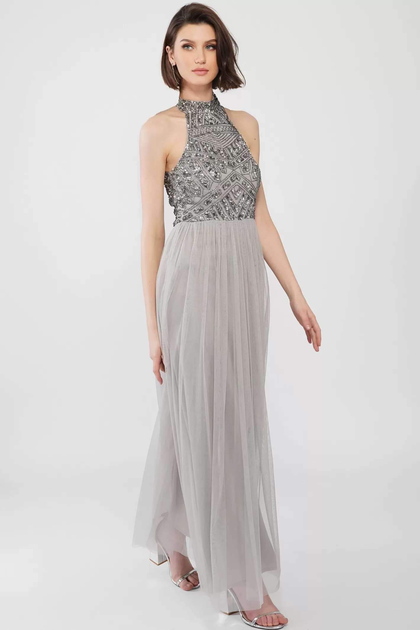 Fashion Sareen Grey Embellished Maxi Dress Women Maxi Dresses