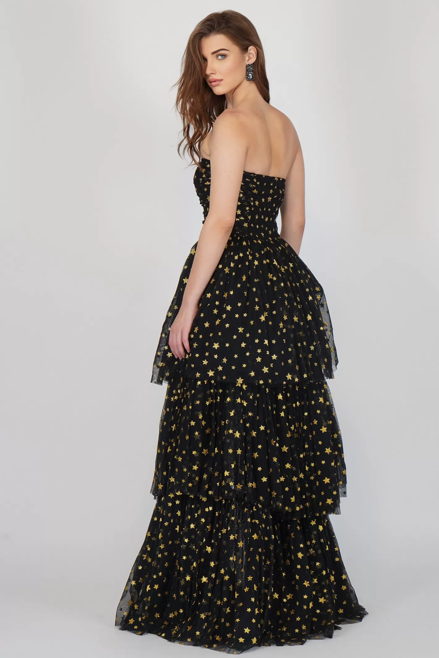 Shop Shiloh Star Printed Tulle Dress In Black Women Maxi Dresses