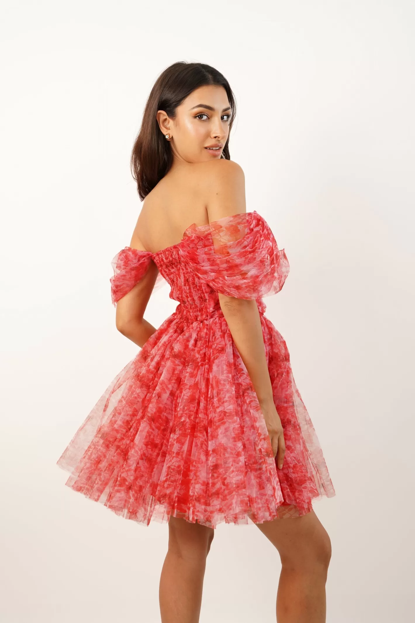 New Sydney Red Printed Tulle Mini Dress Women Mini Dresses