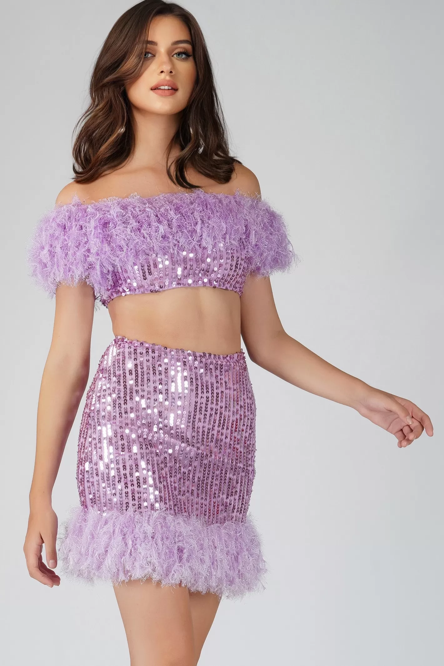 Hot Zuri Sequin Lilac Feather Skirt Women Skirts